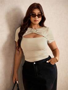 Elaquor T-shirt café polyvalent et minimaliste pour femmes grandes tailles, avec boucle métallique. Tenue d'été - Nude - Voir 7