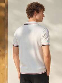 Manfinity CityGents Atasan Rajut Lengan Pendek Kasual Kancing Motif Garis Kontras Pria, Polo Rajut Kancing Gaya Kampus, Kemeja Rajut Pria - MultiWarna - View 2