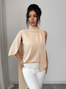 Rafferiza Blusa Elegante de Cor Sólida com Laço no Pescoço para Uso Diário - Damasco - Visão 6