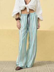 Nöista Light Green High-Waisted Wide-Leg Pants, Vertical Stripe, Elastic Waistband With Drawstring, Breathable Women's Autumn Boho Beach Holiday Casual - Blue - View 5