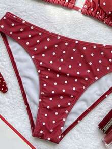 Swim Mod Set Bikini Segitiga Halter Pinggang Rendah Seksi Motif Polkadot Burgundy untuk Wanita Musim Panas - Merah - View 3