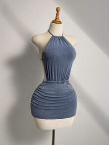 Elamini Women's Sexy Backless Halter Mini Denim Dress For Summer - Blue - View 3