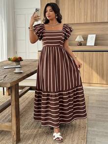 Weeklong Women's Ruffled Sleeve Striped A-Line Vacation Dress, Fashionable Vacation Dress - Multicolor - View 4