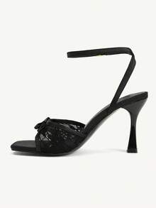 CUCCOO CHICEST 女士经典时尚高跟凉鞋，细跟方面网眼蝴蝶结设计，适合晚宴、职场通勤、约会等场合，性感百搭。 - 黑色 - 查看 4