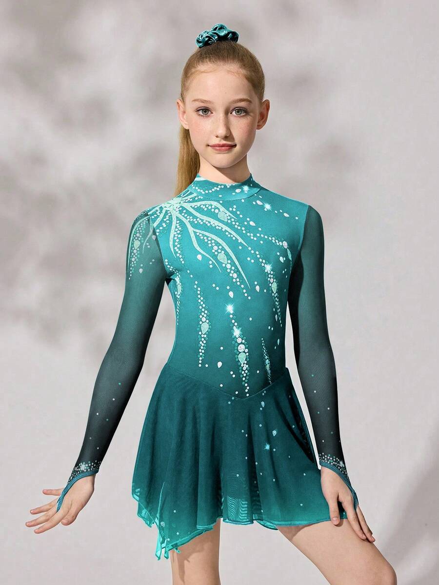 Đầm trượt băng nghệ thuật cho bé gái tuổi teen, thiết kế ôm sát co giãn cao với họa tiết pháo hoa đính đá, chân váy lưới mềm mại, màu xanh ngọc. - Nhiều màu - Xem 1