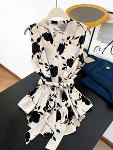 Franclia Casual Vacation Shirred Floral Print Cinched Waist Sleeveless Blouse - Apricot - View 1