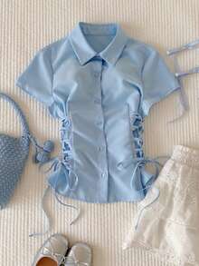 Comfortcana 女士夏季休闲纯色交叉系带腰衬衫 - 淺藍色 - 查看 4