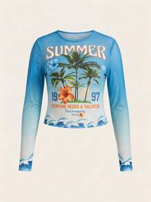 Radiana Plus Size Women's Light Blue Autumn 90s Vacation Holiday Coconut Tree Ombre Print Sheer Mesh T-Shirt BOHO Y2k Beach Beach Vacation Music Festival - Multicolor - View 7