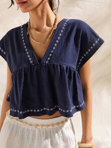 Easelle Áo babydoll nữ cổ chữ V thêu họa tiết tay ngắn kiểu cánh dơi, hở lưng, buộc dây phía trước, thích hợp cho bãi biển và kỳ nghỉ. - Xanh đậm - Xem 5