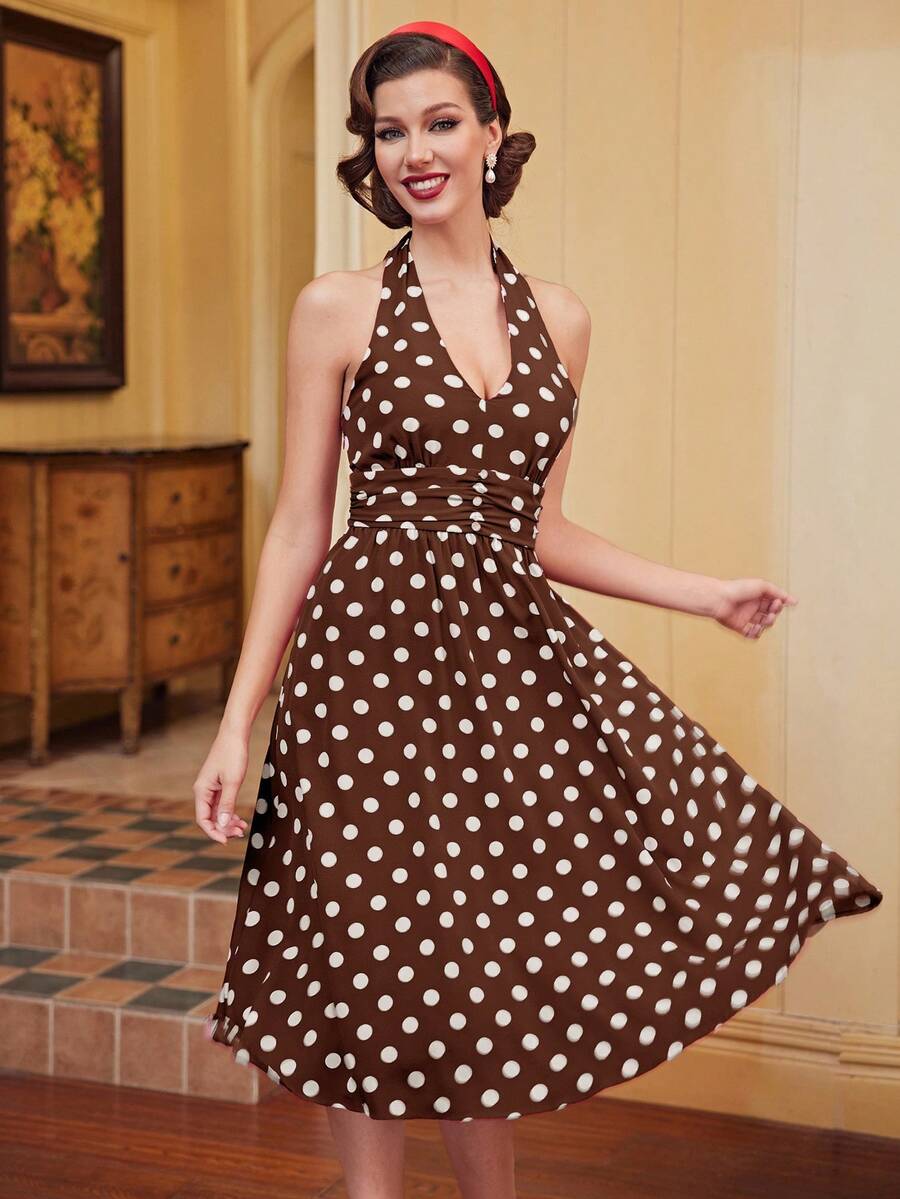 Vintamour 波点印花褶皱前开襟露背吊带连衣裙夏季女装长裙复古连衣裙红色 - 棕色 - 查看 1