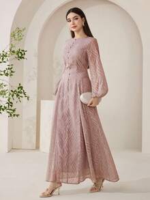 Veilorie Women's Elegant Contrast Lace Lantern Sleeve Waist Cinched Dress, Suitable For Spring And Autumn - Dusty Pink - View 4