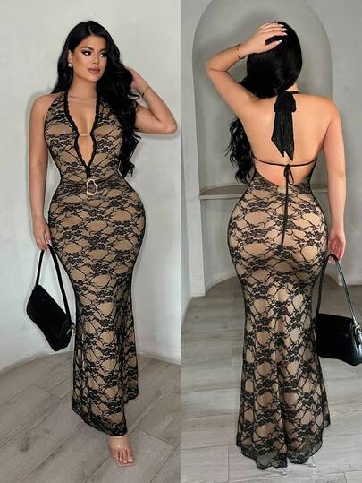 SHEIN SXY Vestido midi con escote halter de encaje, sexy