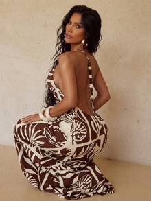 Radiana 棕色亚麻质感波西米亚风连衣裙，海洋印花连衣裙，性感串珠露背吊带连衣裙，度假连衣裙，沙滩连衣裙，宽松舒适休闲连衣裙，适合海岛度假、海滩、假日、休闲外出、派对、音乐节、演唱会、乡村音乐活动等场合。女士沙滩装，女士度假套装，女士夏季两件套，女士泳装罩衫，女士泳衣套装（含罩衫）。 - 彩色 - 查看 6