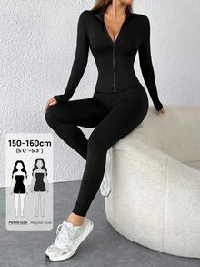 SHEIN PETITE 黑色两件套运动服拉链夹克和紧身裤 - 黑色 - 查看 2