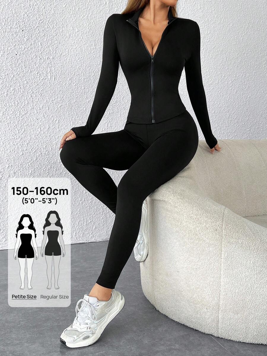 SHEIN PETITE 黑色两件套运动服拉链夹克和紧身裤