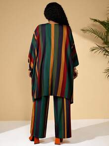BrightlyHer Plus Size Women Loose V-Neck Patchwork Batwing Sleeve Top And Wide Leg Pants Vacation Outfit Set,Spring/Summer - Multicolor - View 3