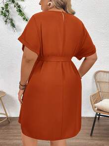 Plussiva Plus Size Maternity Casual Vacation & Commute Solid Color Batwing Sleeve Belted Loose Dress, Summer - Rust Brown - View 2
