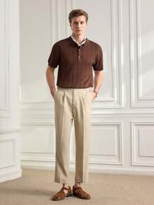 Officeau 男士 Polo 领短袖针织衫，夏季新品，半开襟罗纹套头衫 - 咖啡棕 - 查看 6