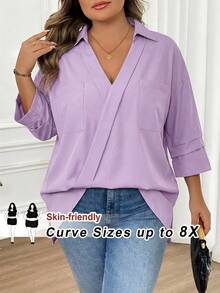 SHEIN CURVE+ Plus Size Casual Solid Color Pocket Shirt, Suitable For Commuting, Autumn - Mauve Purple - View 6