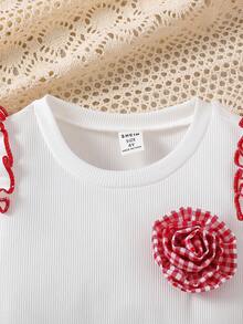 SHEIN Playful Pals 两件套女童休闲3D立体花卉荷叶边泡泡袖卫衣上衣搭配红色格子百褶裙，纽扣设计，适合夏季休闲户外穿着 - 紅色 - 查看 7