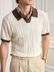 Men's Old Money Contrast Color Short Sleeve Knitted Cable Textured Polo Shirt - Apricot - View 6