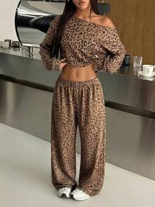 SHEIN EZwear 休闲豹纹短款卫衣，春季豹纹穿搭女装，豹纹套装，流行穿搭女装，热门两件套女装 - 棕色 - 查看 6