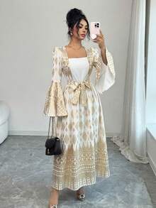 Rafferiza Vestido con estampado floral de manga acampanada con lámina de oro para mujer - Blanco - Ver 3