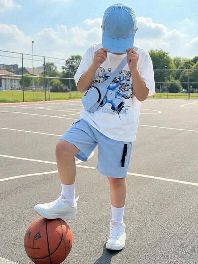 Fantacosmos 3pcs/Set Boys' Cute Bear Print T-Shirt, Cargo Shorts With Pocket, & Mini Crossbody Bag, Spring/Summer Boy Casual Sets Boy Summer Sets