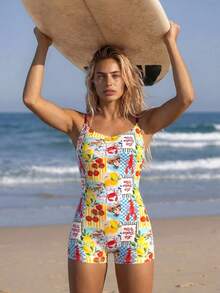 Swim SPRTY 2026 New Spring/Summer Women's One-Piece Random Print Beach Vacation Elegant Casual Surfing Outfit Women's Beach Outfit - Multicolor - View 2