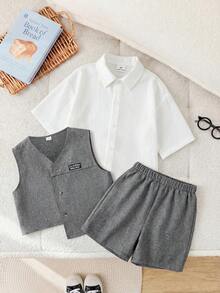 SHEIN Conjunto de 3 piezas para niños/niñas: chaleco sin mangas con bolsillo lateral, camiseta de manga corta a rayas y pantalones cortos, estilo coreano casual, adecuado para el primer día de escuela, ropa escolar, sudadera cuello redondo, ropa para niños en edad escolar, conjuntos para niños, ropa para niños pequeños, conjunto de vuelta al colegio para niños, adecuado para uso diario, escuela, salidas, deportes, primavera/verano - Multicolor - Ver 6
