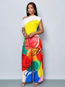 SOLERSUN 性感、优雅又休闲的单肩连体裤，饰以波普艺术风格的花卉印花，收腰设计，完美契合海滩度假、约会以及精致的“老钱”风格。春夏女装。 - 黃色 - 查看 5