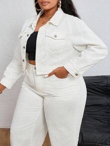 SHEIN ICON Plus Size Women Crochet Denim Casual Jacket, Autumn/Winter - Beige - View 5