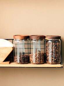 1PC Glass Storage Jar With Wooden Lid, Sealed Transparent Glass Jar, Suitable For Pantry Kitchen Organization, Home Decor Storage Solution, Home Organization, Suitable For Storing Sugar, Salt, Tea, Grains, Coffee Beans - Round Hole Acacia Wood Cover - View 3