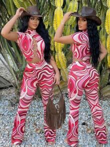 SHEIN SXY Conjunto de 2 piezas de top corto y pantalones con estampado completo y diseño calado para mujer, ideal para el verano - Multicolor - Ver 7