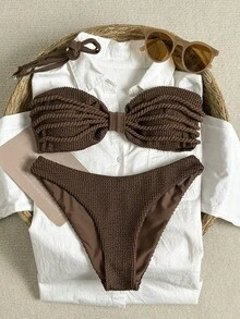 Swim Chiccia Bộ bikini nữ bằng vải jacquard, cổ yếm, kiểu tết bím, thích hợp cho mùa xuân/hè. - màu nâu - Xem 7