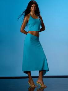 MUSERA Strappy Slinky Scoop Neck Cami Top With Low Rise Drape Detail Slinky Maxi Skirt Coord Set Sold Together Summer Sexy Going Out Beach Holiday Ibiza Club Tropical Fever - Teal Blue - View 3