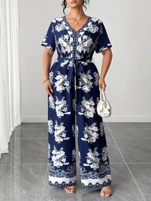 Elenzga Plus Size Elegant Floral Print Jumpsuit, Summer - Multicolor - View 6