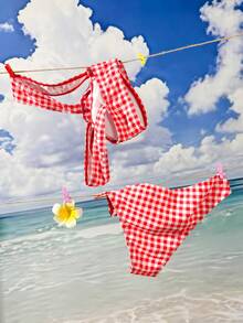 Swim Mod 女士新款波点印花宽肩带U领比基尼套装，露脐上衣和高开衩比基尼泳裤，性感夏季泳装 - 彩色 - 查看 2