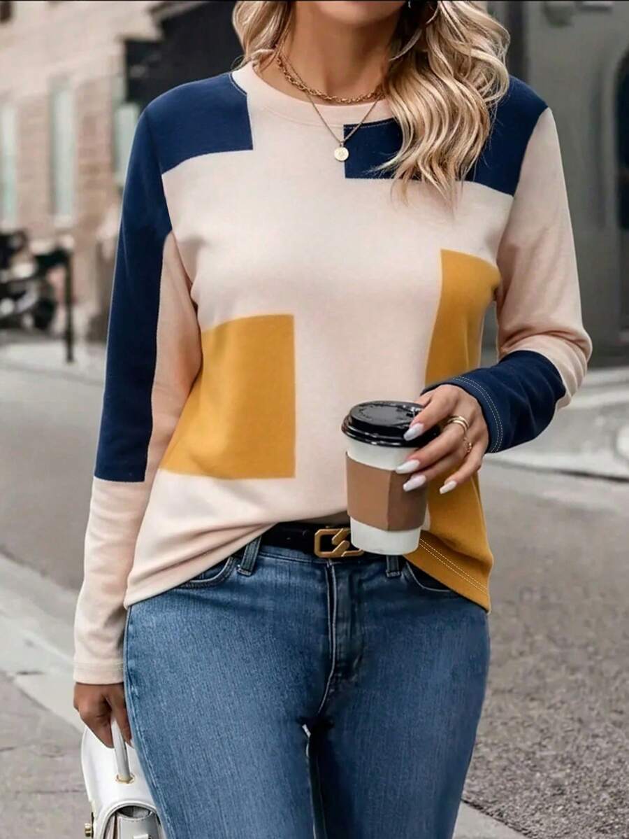 EMERY ROSE 女士长袖T恤，撞色拼接印花上衣，经典图案设计，百搭，适合休闲、户外、旅行和度假穿着，舒适透气。 - 彩色 - 查看 1