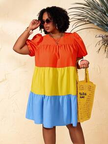 BrightlyHer Robe courte casual à manches bouffantes et blocs de couleurs pour femmes grandes tailles, printemps - Multicolore - Voir 4