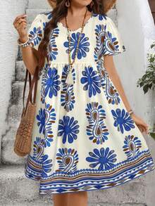 EMERY ROSE Plus Size Casual Allover Print Dress - Blue - View 1
