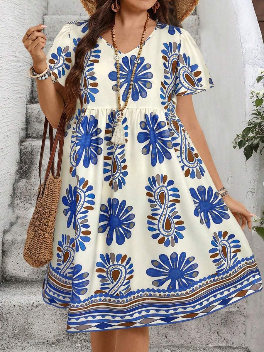 EMERY ROSE Plus Size Casual Allover Print Dress - Blue - View 1