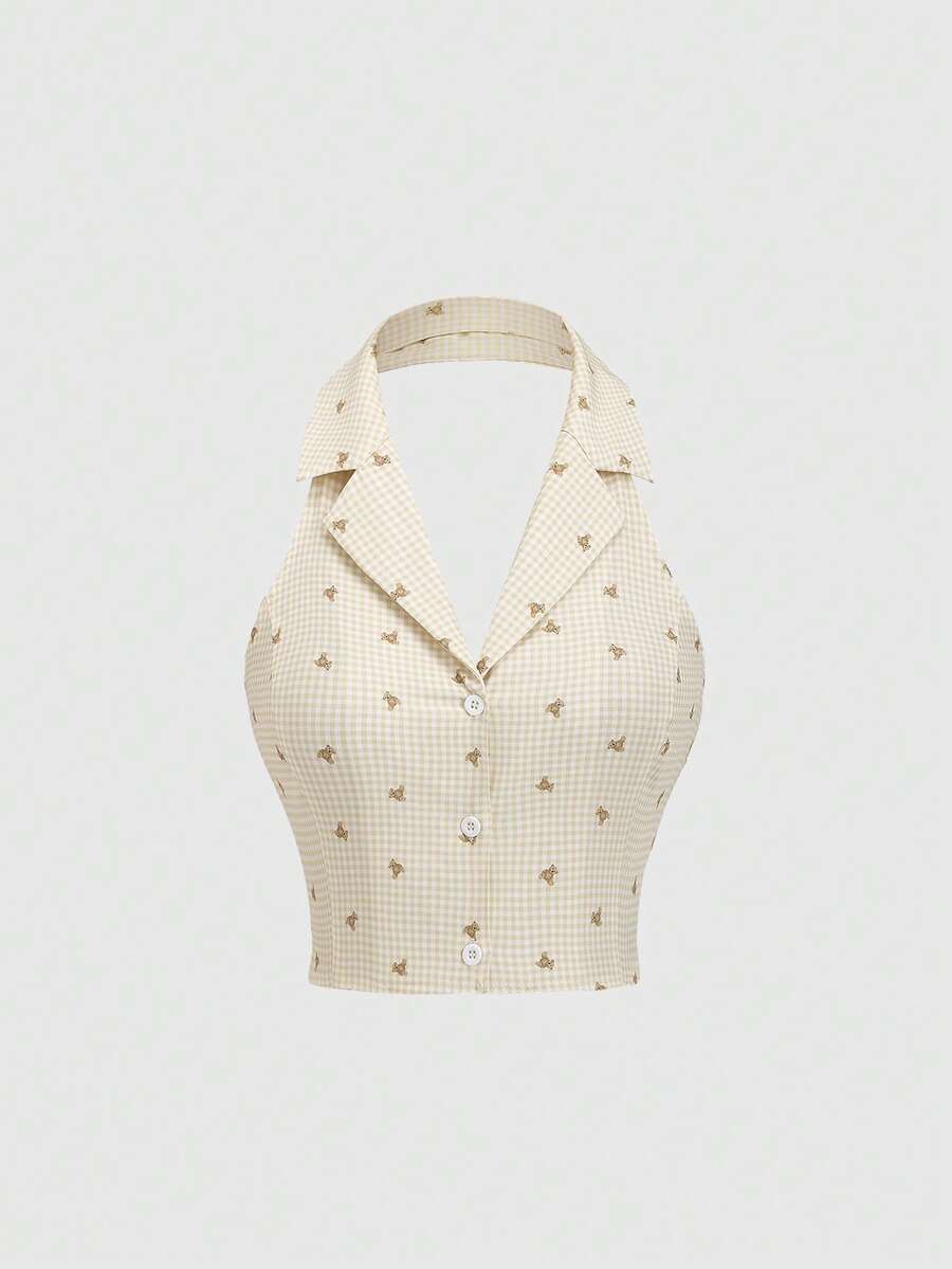 Sweetra Áo croptop nữ mùa xuân hè mới, họa tiết gấu kẻ caro dễ thương, cổ chữ V, không tay, cài khuy đơn, thích hợp cho dã ngoại, cắm trại, đi biển. - Nhiều màu - Xem 1