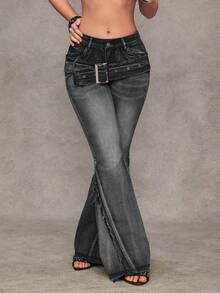 Jeanoix 女士Y2K时尚街头休闲通勤搭扣腰带毛边水洗喇叭牛仔裤 - 黑色 - 查看 1