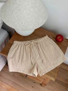 Comfortcana Women's Casual Loose Drawstring Solid Color Shorts, Versatile Daily Wear Khaki Linen Spring/Summer Beach For Women Summer - Khaki - View 4