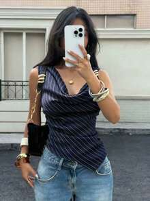 Rafferiza Blusa de mujer a rayas con tela de satén drapeada, ajuste ceñido, cuello halter sin espalda, cuello en V profundo, decoración de anillo de metal, asimétrica, sin mangas, elegante y sexy, top de fiesta estilo Y2K, top de tirantes de verano a rayas, top drapeado de cuello de vaca, top de chaleco de mujer - Azul - Ver 5