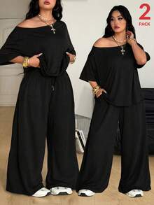 Coolane 女士大码春夏简约街头风日常休闲运动舒适露肩T恤和阔腿运动裤两件套 - 黑色 - 查看 1