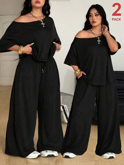 Coolane Women's Plus Size,Spring/Summer Minimalist Streetwear Basic Daily Wear Going Out Sport Comfortable Off Shoulder T-Shirt And Wide Leg Sweatpants Two Pieces Outfits