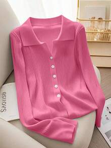SHEIN Franclia 新款春秋季修身短款法式时尚Polo领针织开衫 - 玫紅色 - 查看 1