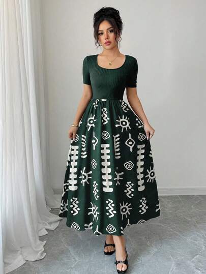 EMERY ROSE Women's Summer Solid Color & Printed Patchwork Minimalist Casual Dress